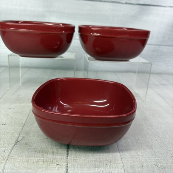 Home Trends CANOPY RED Cranberry Emboss Square Porcelain Soup Cereal Bowls Set 3 - Picture 4 of 16
